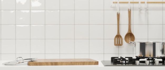 Closeup kitchen counter with stove pot wooden cut board mockup\
and set of spatulas on white tile