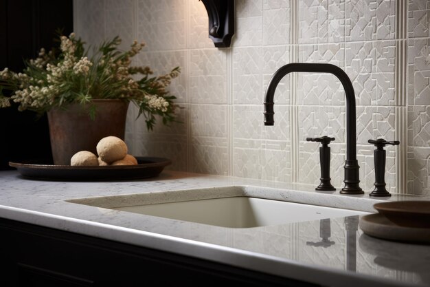 A closeup of a kitchen sink in a farmhouse style with a faucet in black a backdrop of decorative m