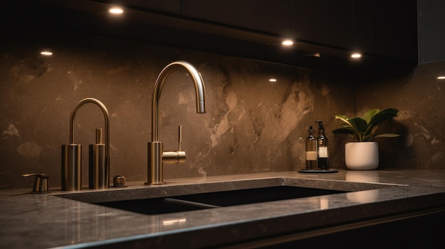 Closeup of a kitchen water faucet with a sink on a marble finished countertop modern kitchen interio