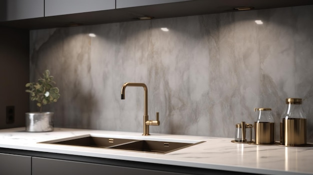 Closeup of a kitchen water faucet with a sink on a marble finished countertop modern kitchen interio