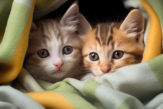 Closeup of kittens snuggled together in blanket fort showing the heartwarming bond between them