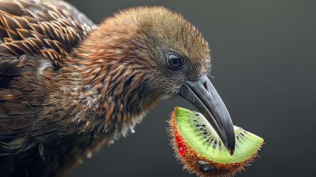 Photo a closeup of a kiwi bird eating a kiwi fruit the bird is holding the fruit in its beak and looking at the camera