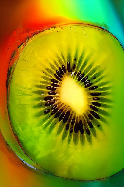 Closeup kiwi fruit cut half philosophical splashes color computer yellow eyes xray melting reagents