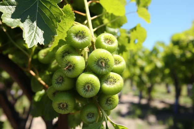 Closeup of kiwi vines laden with ripe fruit