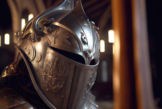 Closeup of knight headshot helm in armor standing guard of the palace background Medieval and Crusades war concept Generative AI