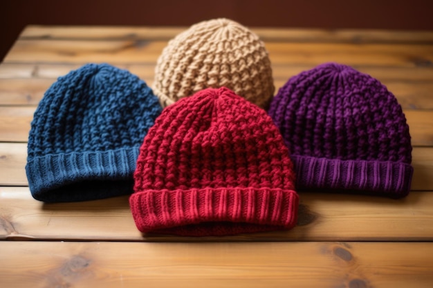 Closeup of knitted beanies on a wooden surface