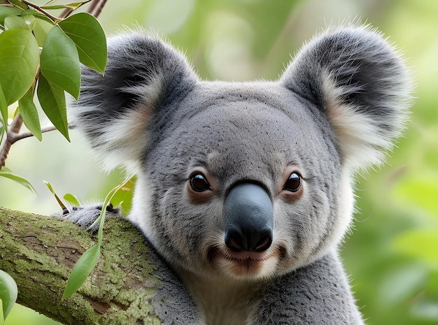 closeup of a koala bear's face in a nature forest background