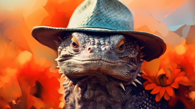 Closeup Komodo Dragon In Cowboy Hat Impressionism Style Wildlife Photography