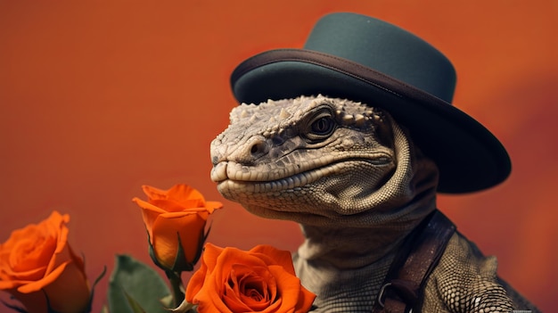 Closeup Komodo Dragon In Cowboy Hat Neoclassicism Meets Immersive Art