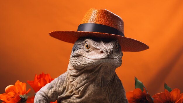 Closeup Komodo Dragon In Cowboy Hat Neoclassicism Style