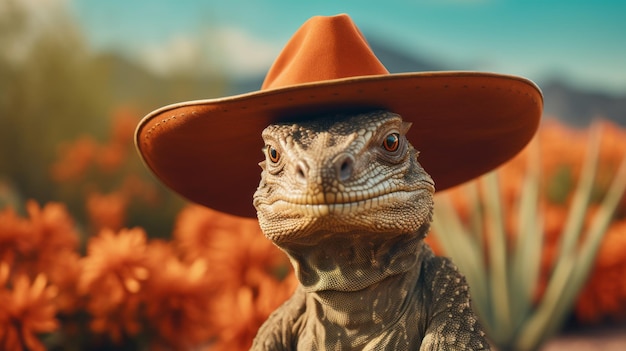 Photo closeup komodo dragon in cowboy hat photorealistic portraiture with romanticism style