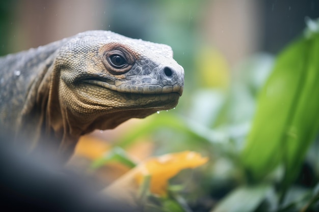 Closeup of komodo dragon under tropical foliage