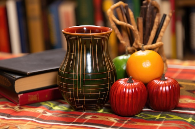 Photo closeup of kwanzaa literature with traditional earthenware in background