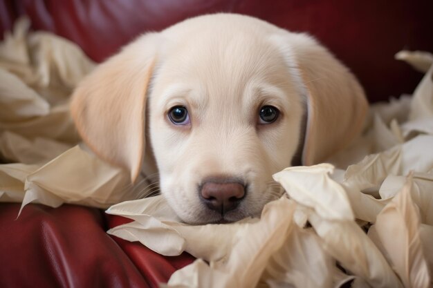 Closeup of a labrador puppy amidst a pile of torn pillow feathers