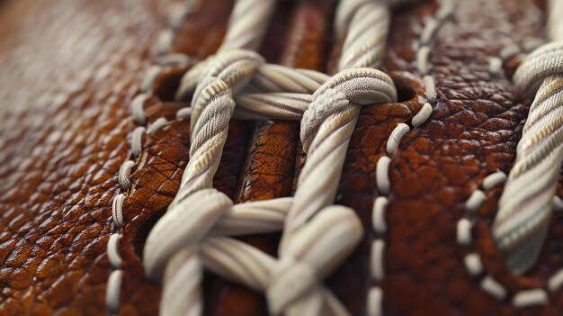 Photo closeup of the laces of a football the leather is old and worn and the laces are frayed and knotted