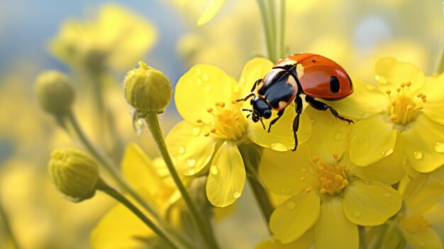 Foto ladybird in primo piano è seduta su un'ai generativa di fiori di canola