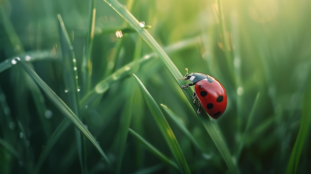 A closeup of a ladybug crawling on a blade of grass its vibrant red and black spotted shell adding a pop of color to the green landscape