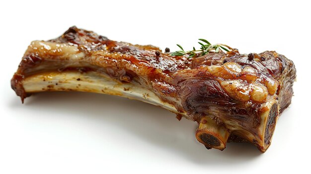 A closeup of a lamb shank bone for Passover encompassing meats on a white backdrop bones and space Generative AI