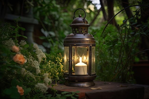 Closeup of lantern with flickering candle surrounded by lush garden