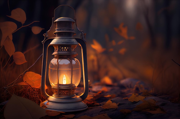 Closeup of lantern with soft light in the forest