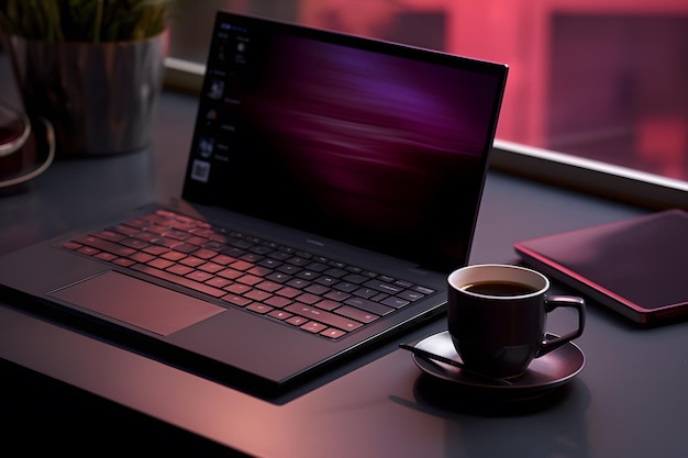 closeup of a laptop keyboard with a coffee mug