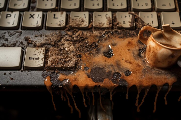 Photo closeup of a laptop keyboard with coffee stains on it