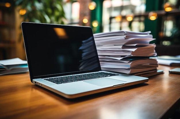 Photo a closeup of laptop with files and papers on desk generative by ai