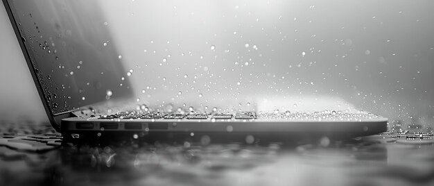 Closeup of a laptop with water drops