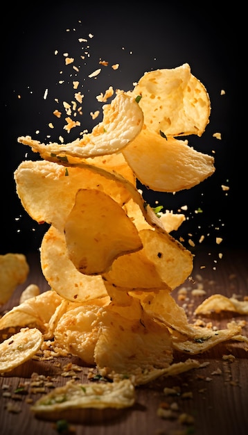 Closeup of large chip crumbs splattering