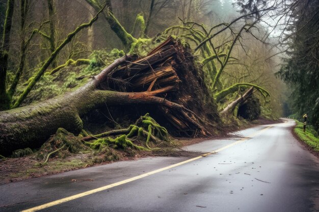 Foto primo piano di un grande albero caduto che copre l'intera strada creata con l'ia generativa
