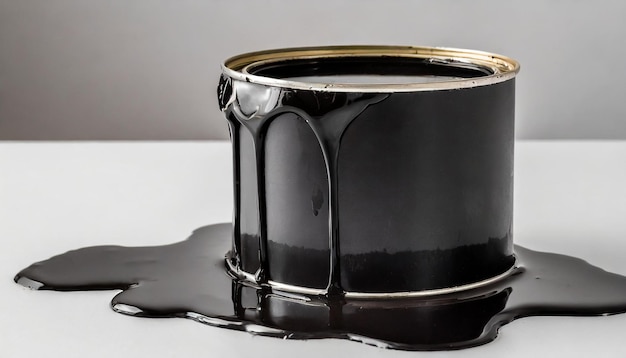 Closeup of large open metal can of black paint spilled on white background