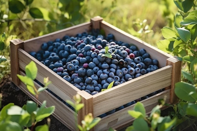 Closeup large ripe blueberries in a large wooden box in the garden