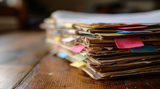 Closeup of a large stack of worn and tattered files or folders with various colored postit tabs sticking out