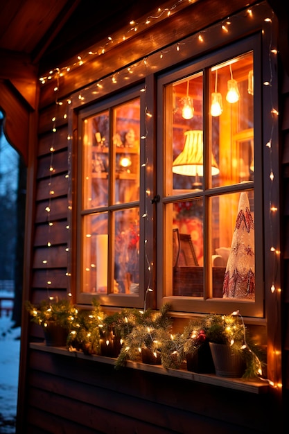 写真 クリスマス の 時期 に 木製 の 家 の 大きな 窓 の クローズアップ