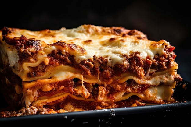 Closeup of lasagna with layers of meat sauce and cheese visible