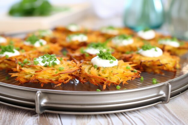 Foto primo piano dei latkes su un piatto da portata