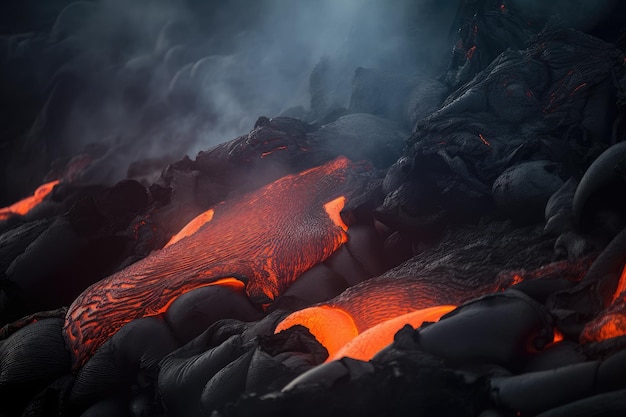 Closeup of lava flow with smoke and steam rising from the molten rock