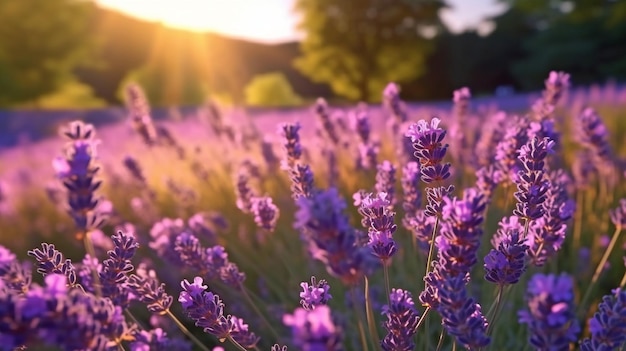 新しい香りのよい紫色の花を背景にした夕暮れ時のラベンダーの花畑のクローズアップ AIを生成