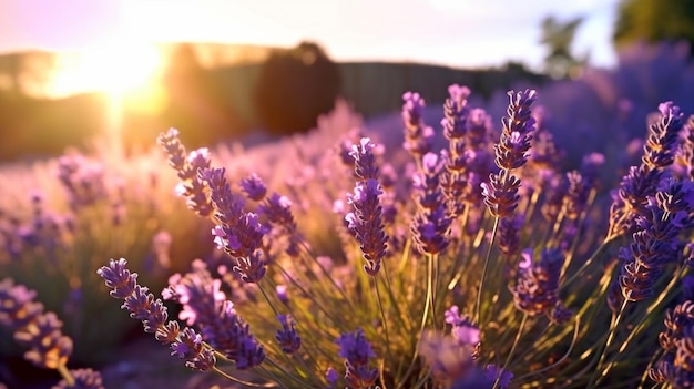 新しい香りのよい紫色の花を背景にした夕暮れ時のラベンダーの花畑のクローズアップ AIを生成