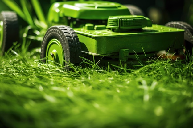 Closeup of lawn mower vibrant green grass