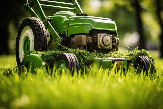 Closeup of lawn mower vibrant green grass