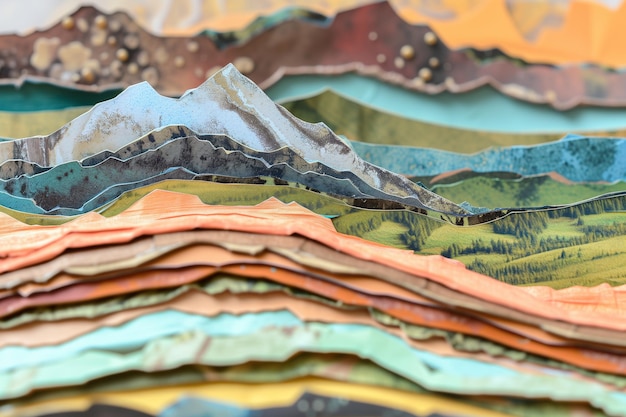 Photo closeup of a layered paper mountain landscape collage