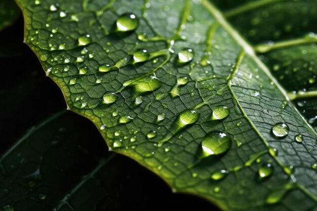 a closeup of a leaf in green that has water droplets coating it