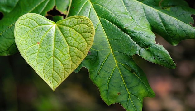 Photo closeup leaf like a heart shape in the forest