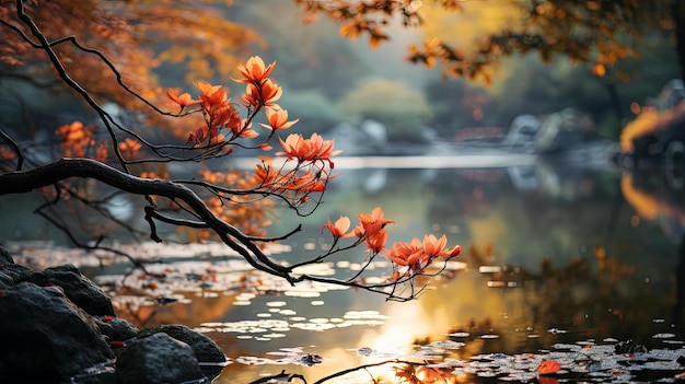 Closeup of leaves on a branch in autumn autumn background