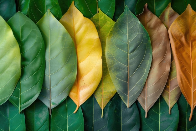Closeup leaves in different color and age Line of colorful leaves in spring autumn fall season