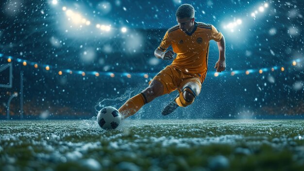 Photo closeup of a leg in a boot kicking football ball professional soccer player hits ball