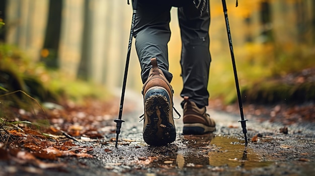 Closeup of legs of person in hiking shoes walking in the forest using hiking stick