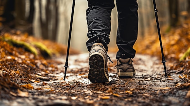 Closeup of legs of person in hiking shoes walking in the forest using hiking stick