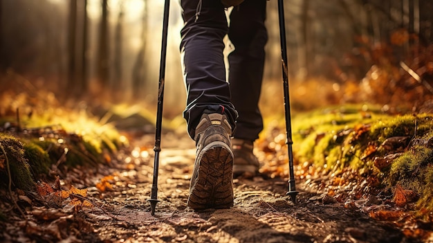 Photo closeup of legs of person in hiking shoes walking in the forest using hiking stick